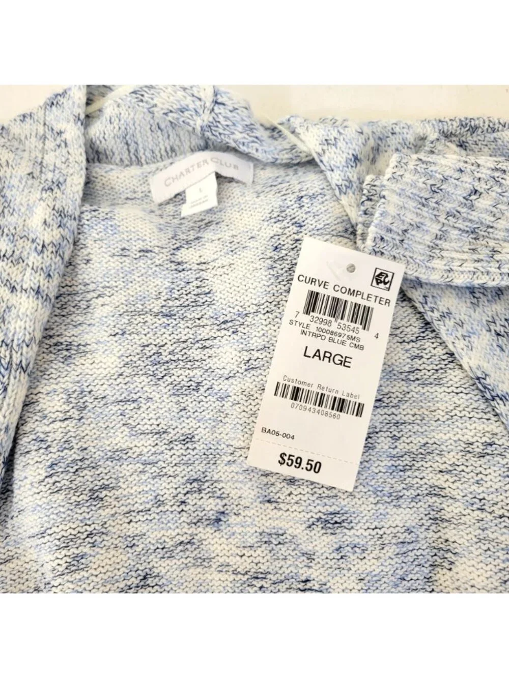 Charter Club Womens Open Front Cardigan Sweater Blue & White Cotton Blend Size L - Picture 3 of 5